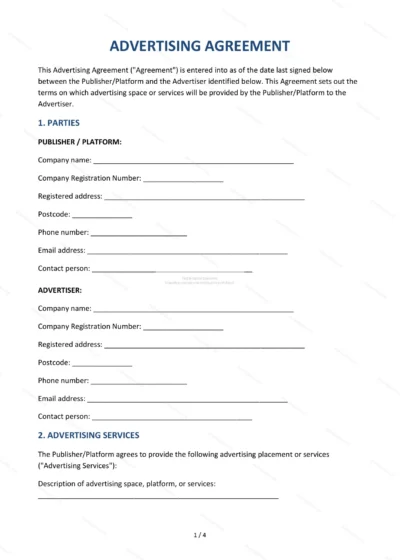 Advertising Agreement — Word & PDF Template — document template in DOCX format