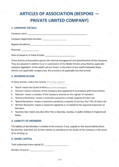 Articles of Association — Word & PDF Template — document template in DOCX format