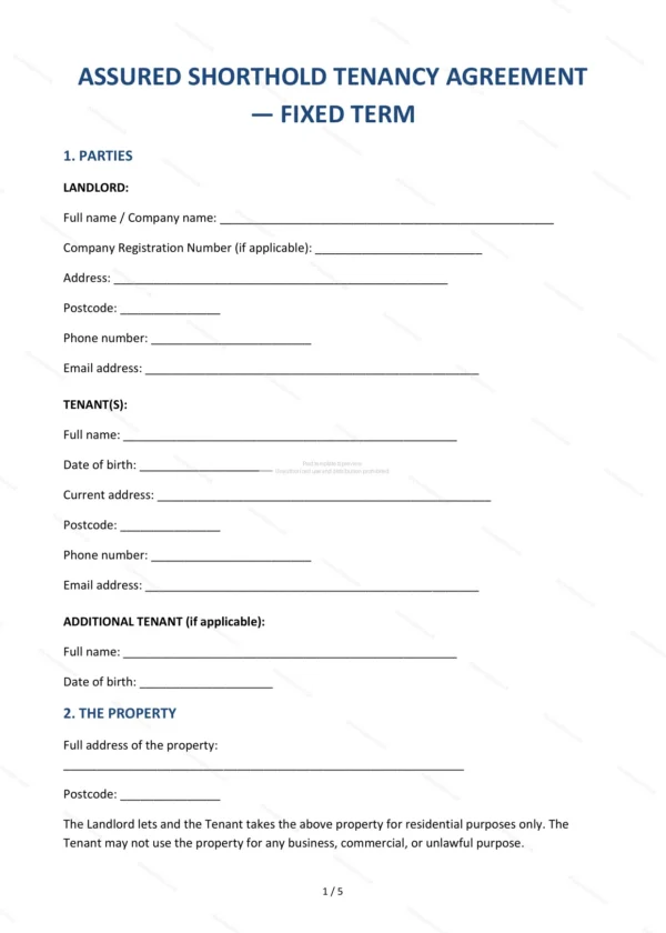 Assured Shorthold Tenancy (Fixed Term) — Word & PDF Template