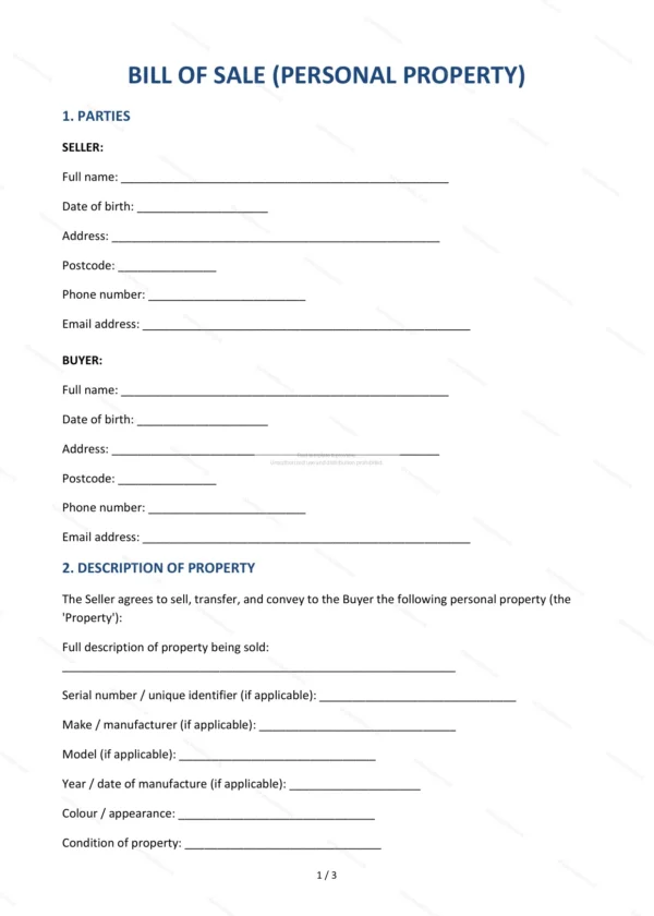 Bill of Sale — Word & PDF Template