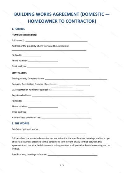 Building Works Agreement — Word & PDF Template — document template in DOCX format