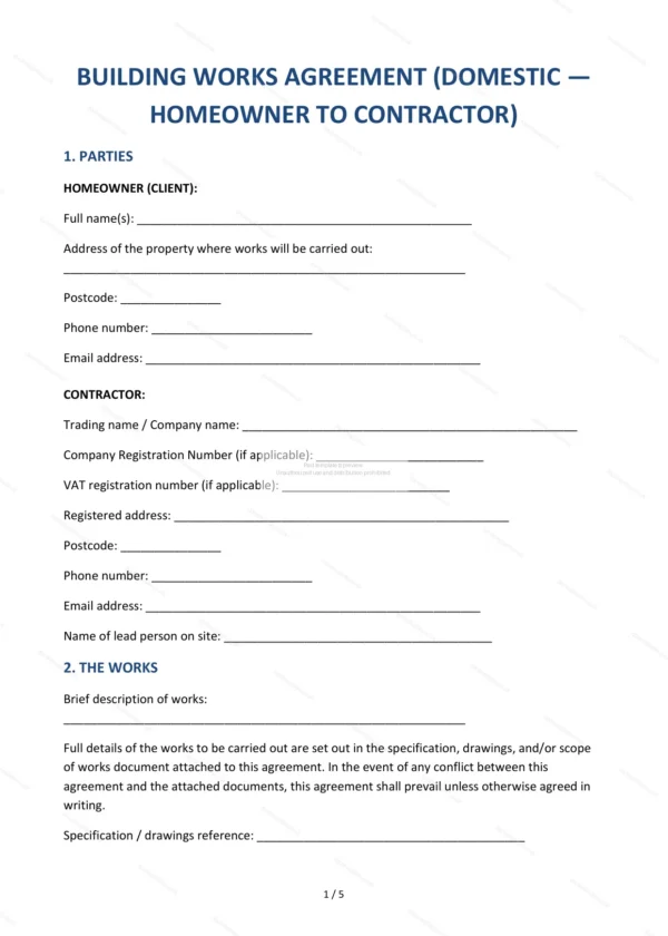 Building Works Agreement — Word & PDF Template
