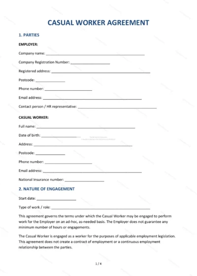 Casual Worker Agreement — Word & PDF Template — document template in DOCX format