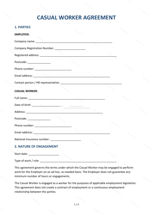 Casual Worker Agreement — Word & PDF Template