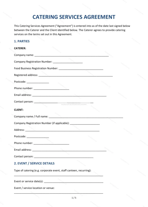 Catering Services Agreement — Word & PDF Template