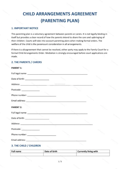 Child Arrangements Agreement — Word & PDF Template — document template in DOCX format