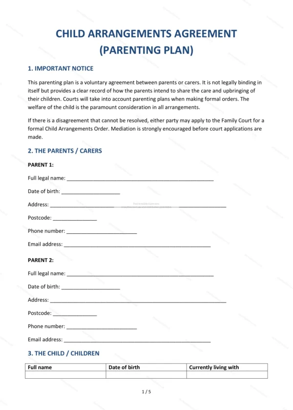 Child Arrangements Agreement — Word & PDF Template