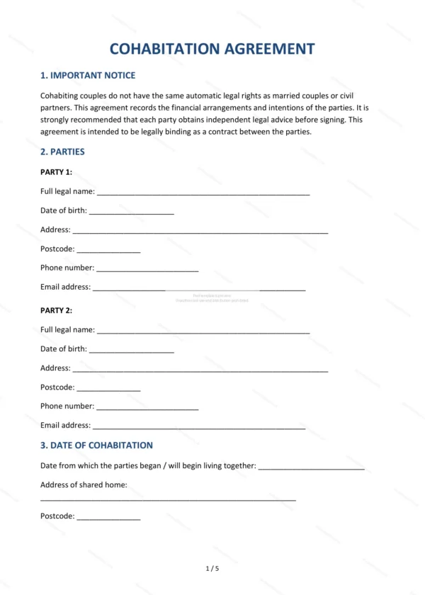 Cohabitation Agreement — Word & PDF Template