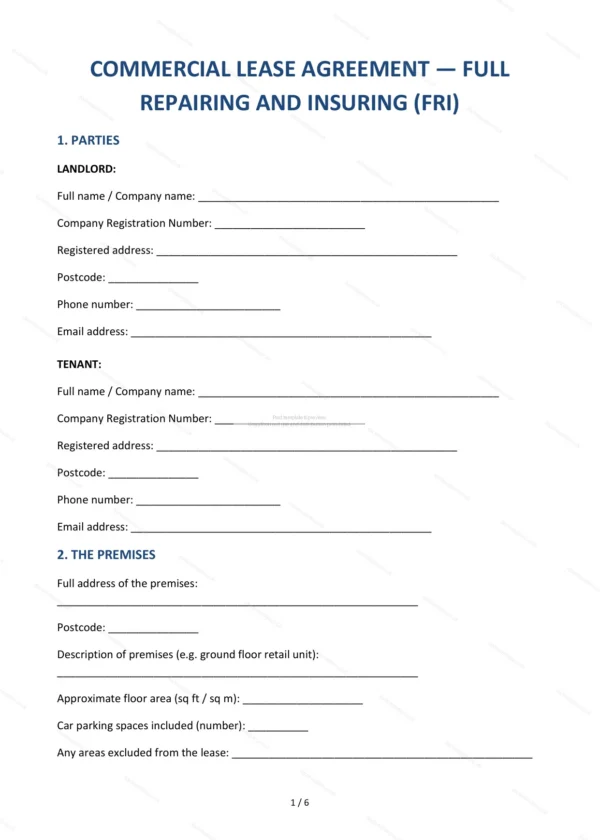 Commercial Lease (Full Repairing and Insuring) — Word & PDF Template