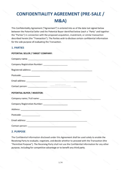 Confidentiality Agreement (M&A) — Word & PDF Template — document template in DOCX format