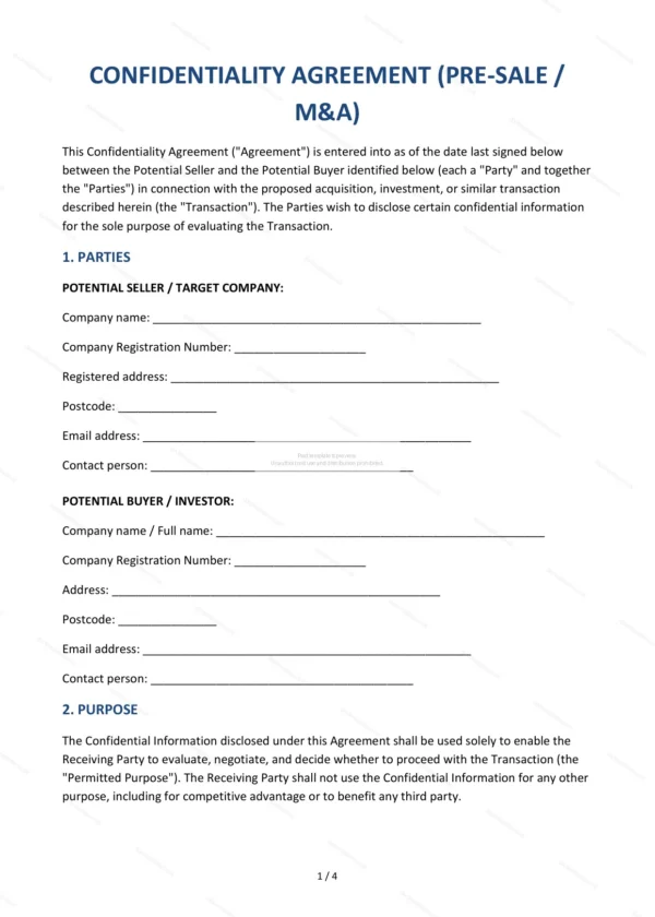 Confidentiality Agreement (M&A) — Word & PDF Template