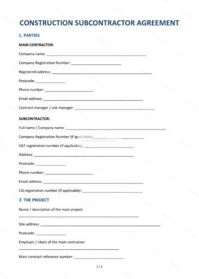 Construction Subcontractor Agreement — Word & PDF Template — document template in DOCX format