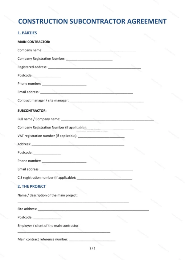 Construction Subcontractor Agreement — Word & PDF Template