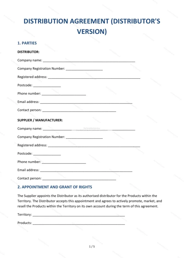 Distribution Agreement (Distributor) — Word & PDF Template