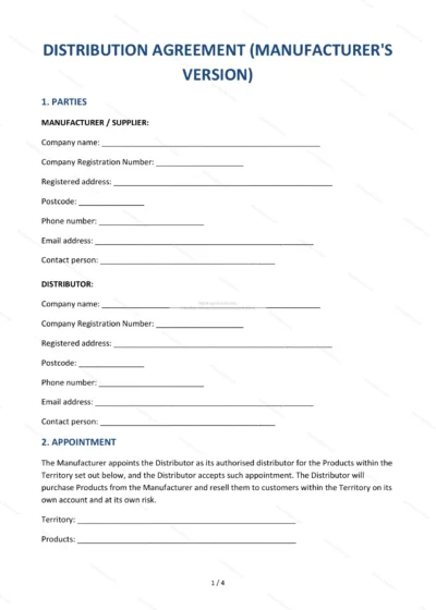 Distribution Agreement (Manufacturer) — Word & PDF Template — document template in DOCX format