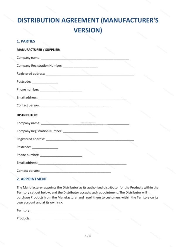 Distribution Agreement (Manufacturer) — Word & PDF Template