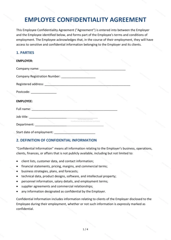 Employee Confidentiality Agreement — Word & PDF Template