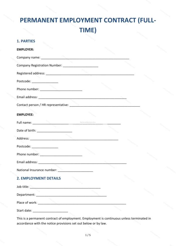 Full-Time Employment Contract — Word & PDF Template