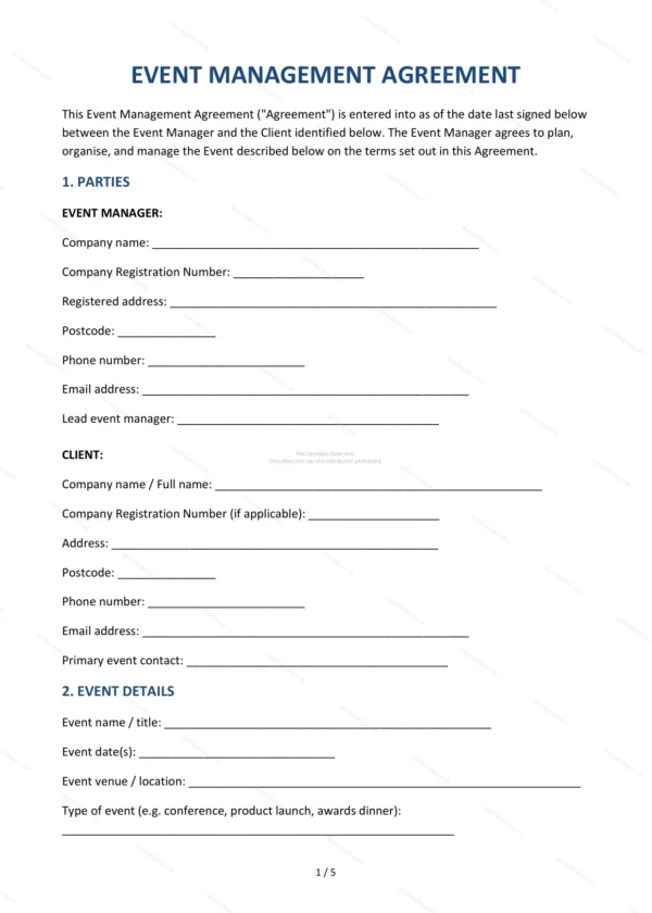 Event Management Agreement — Word & PDF Template