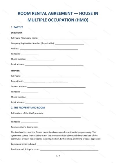 HMO Room Rental Agreement — Word & PDF Template — document template in DOCX format