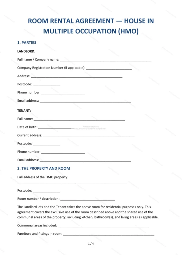 HMO Room Rental Agreement — Word & PDF Template