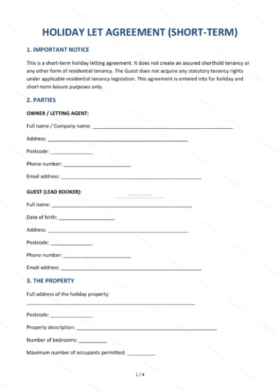 Holiday Let Agreement — Word & PDF Template — document template in DOCX format