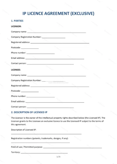 Exclusive IP Licence Agreement — Word & PDF Template — document template in DOCX format