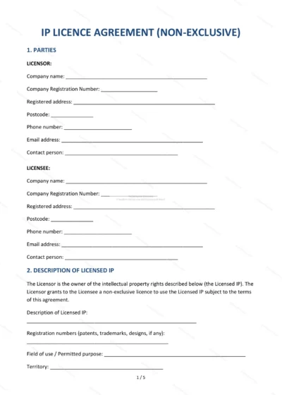 Non-Exclusive IP Licence Agreement — Word & PDF Template — document template in DOCX format