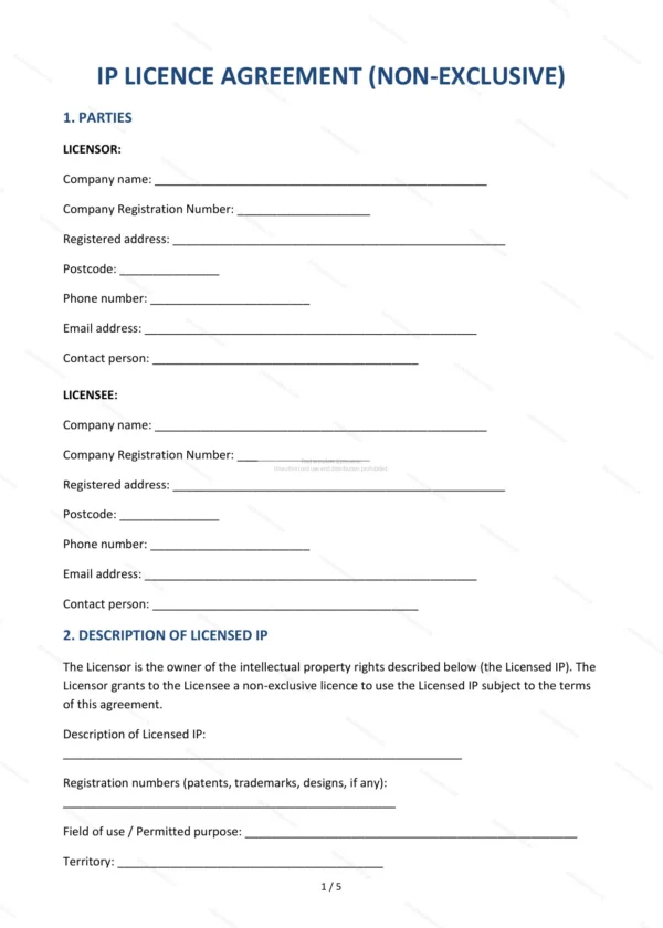 Non-Exclusive IP Licence Agreement — Word & PDF Template