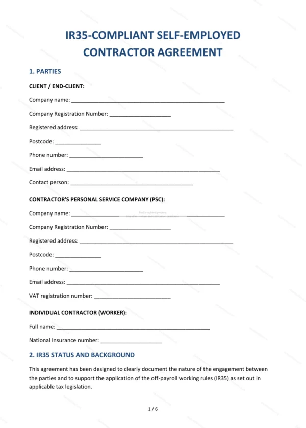 IR35 Contractor Agreement — Word & PDF Template