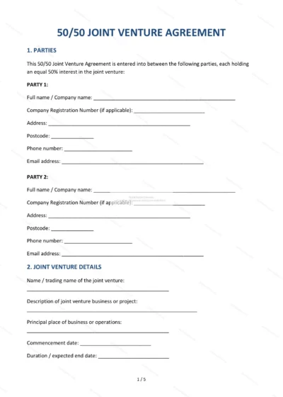 50/50 Joint Venture Agreement — Word & PDF Template — document template in DOCX format