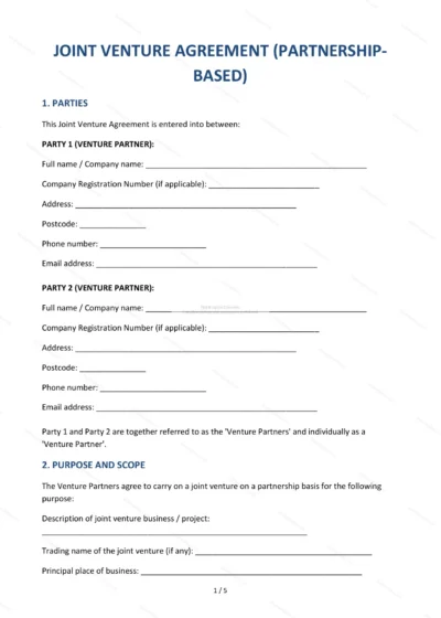 Joint Venture Partnership Agreement — Word & PDF Template — document template in DOCX format