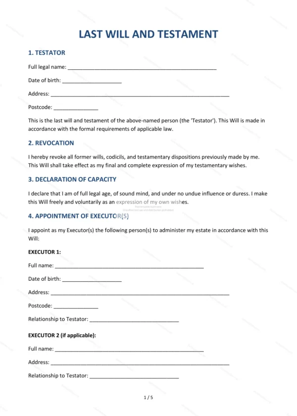Last Will and Testament — Word & PDF Template