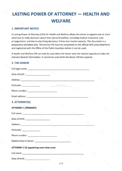Lasting Power of Attorney (Health and Welfare) — Word & PDF Template — document template in DOCX format