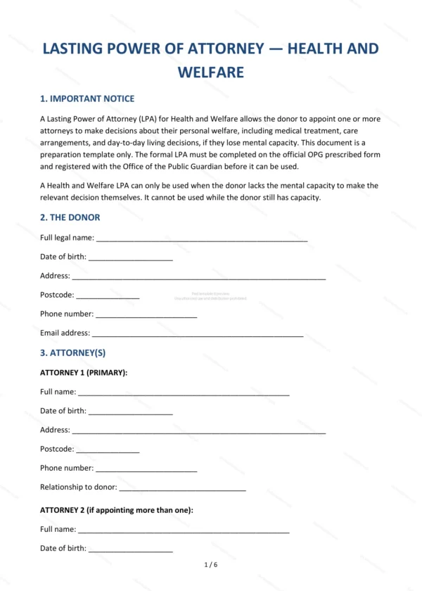 Lasting Power of Attorney (Health and Welfare) — Word & PDF Template