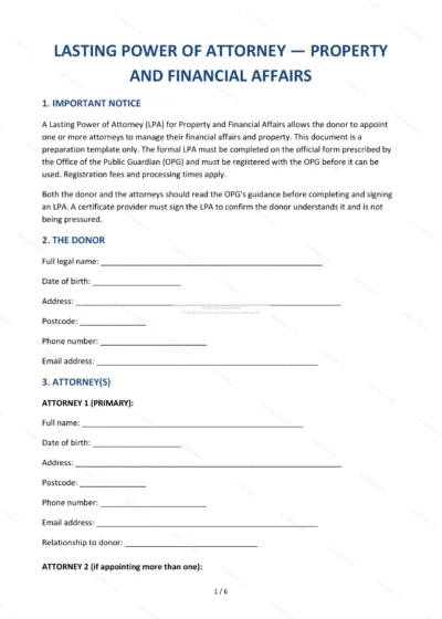 Lasting Power of Attorney (Property and Financial Affairs) — Word & PDF Template — document template in DOCX format