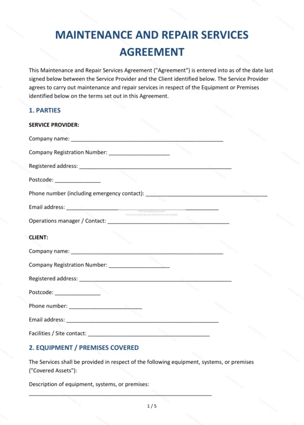 Maintenance and Repair Agreement — Word & PDF Template