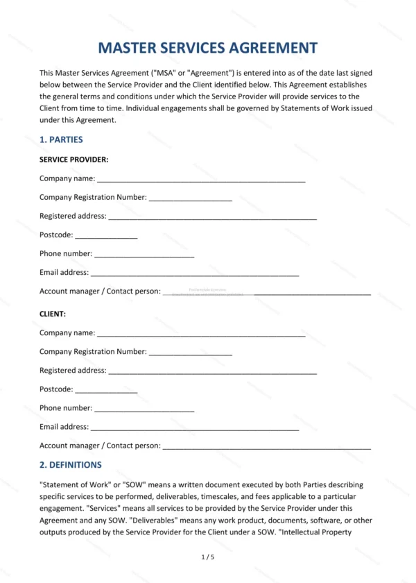 Master Services Agreement — Word & PDF Template