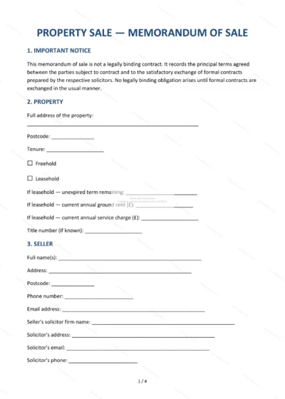 Memorandum of Sale — Word & PDF Template — document template in DOCX format
