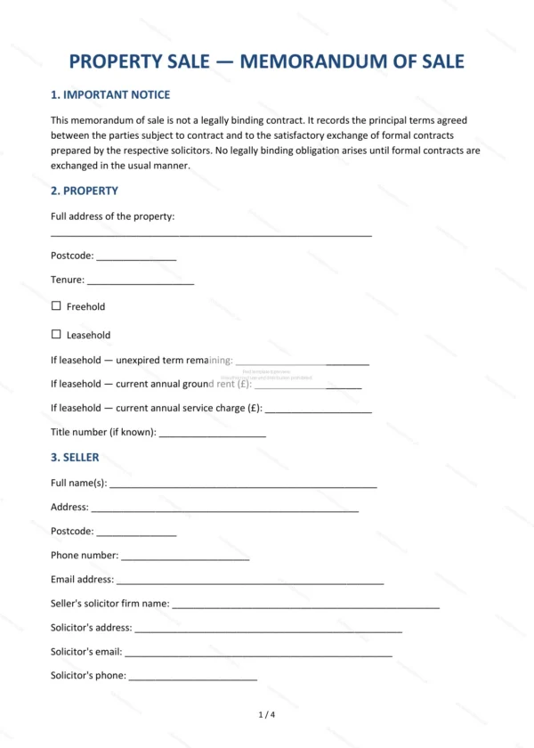 Memorandum of Sale — Word & PDF Template