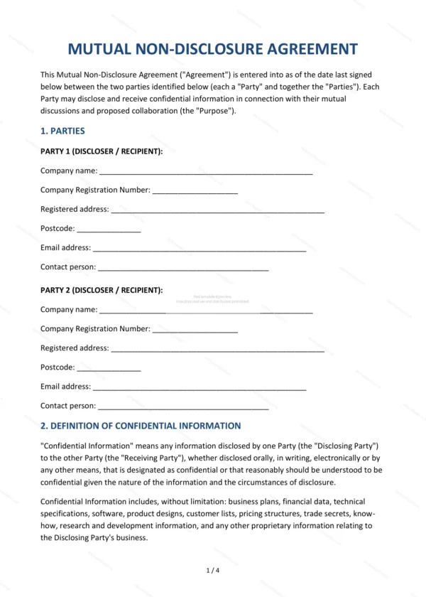 Mutual Non-Disclosure Agreement — Word & PDF Template