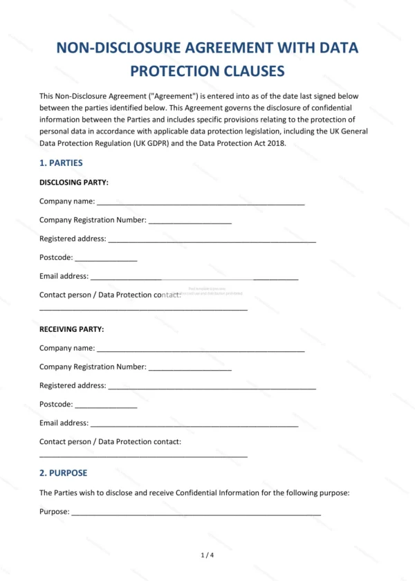 NDA with GDPR Data Protection Clauses — Word & PDF Template