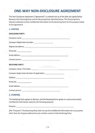One-Way Non-Disclosure Agreement — Word & PDF Template — document template in DOCX format