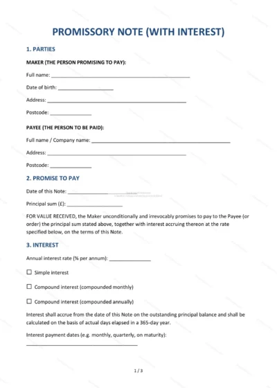 Promissory Note (With Interest) — Word & PDF Template — document template in DOCX format