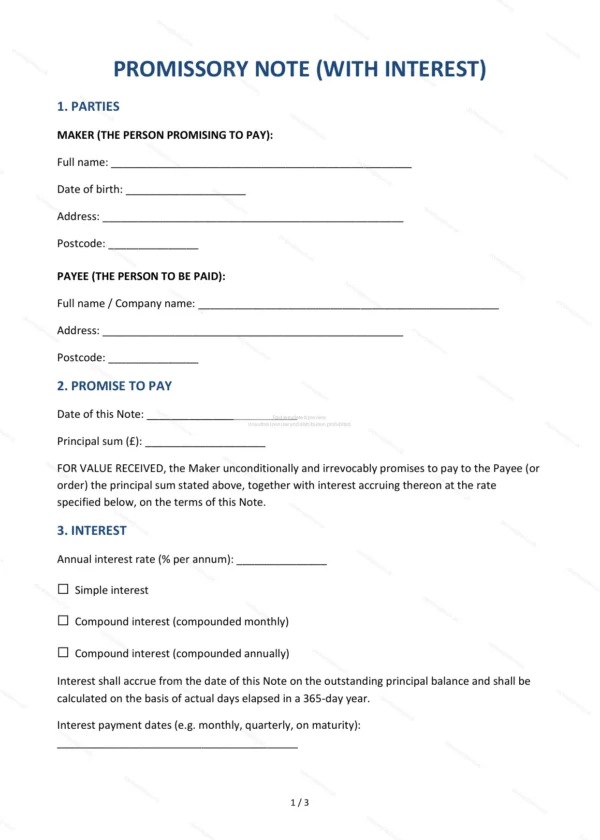 Promissory Note (With Interest) — Word & PDF Template