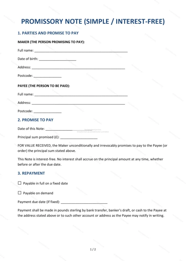 Promissory Note (Simple) — Word & PDF Template