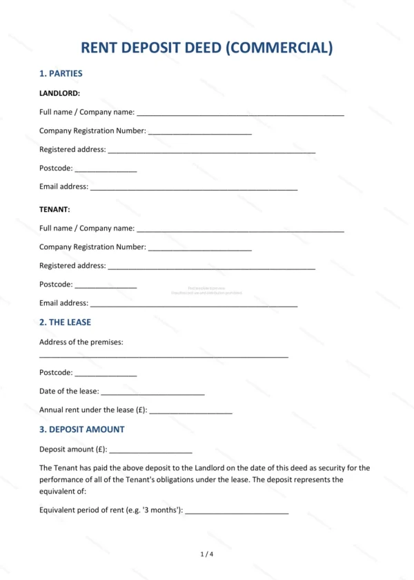 Rent Deposit Deed — Word & PDF Template