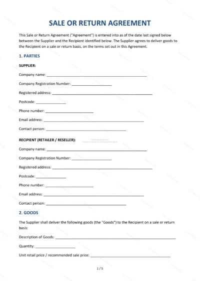 Sale or Return Agreement — Word & PDF Template — document template in DOCX format