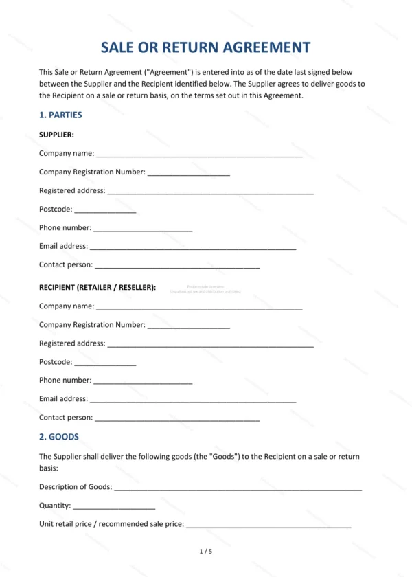 Sale or Return Agreement — Word & PDF Template