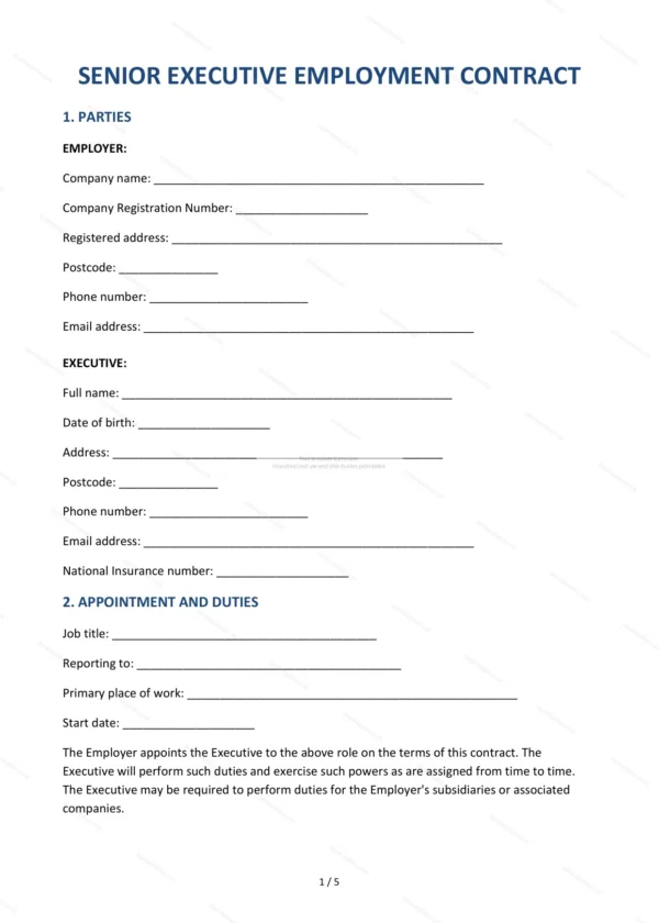 Senior Executive Employment Contract — Word & PDF Template